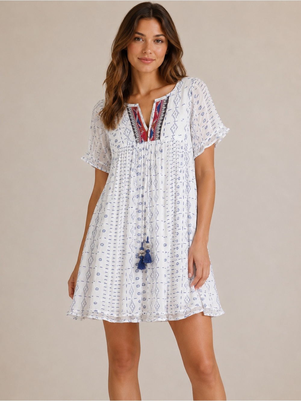 World Market Women’s S/M Bohemian Mini Dress Tassels Beaded Embroidered Hippie